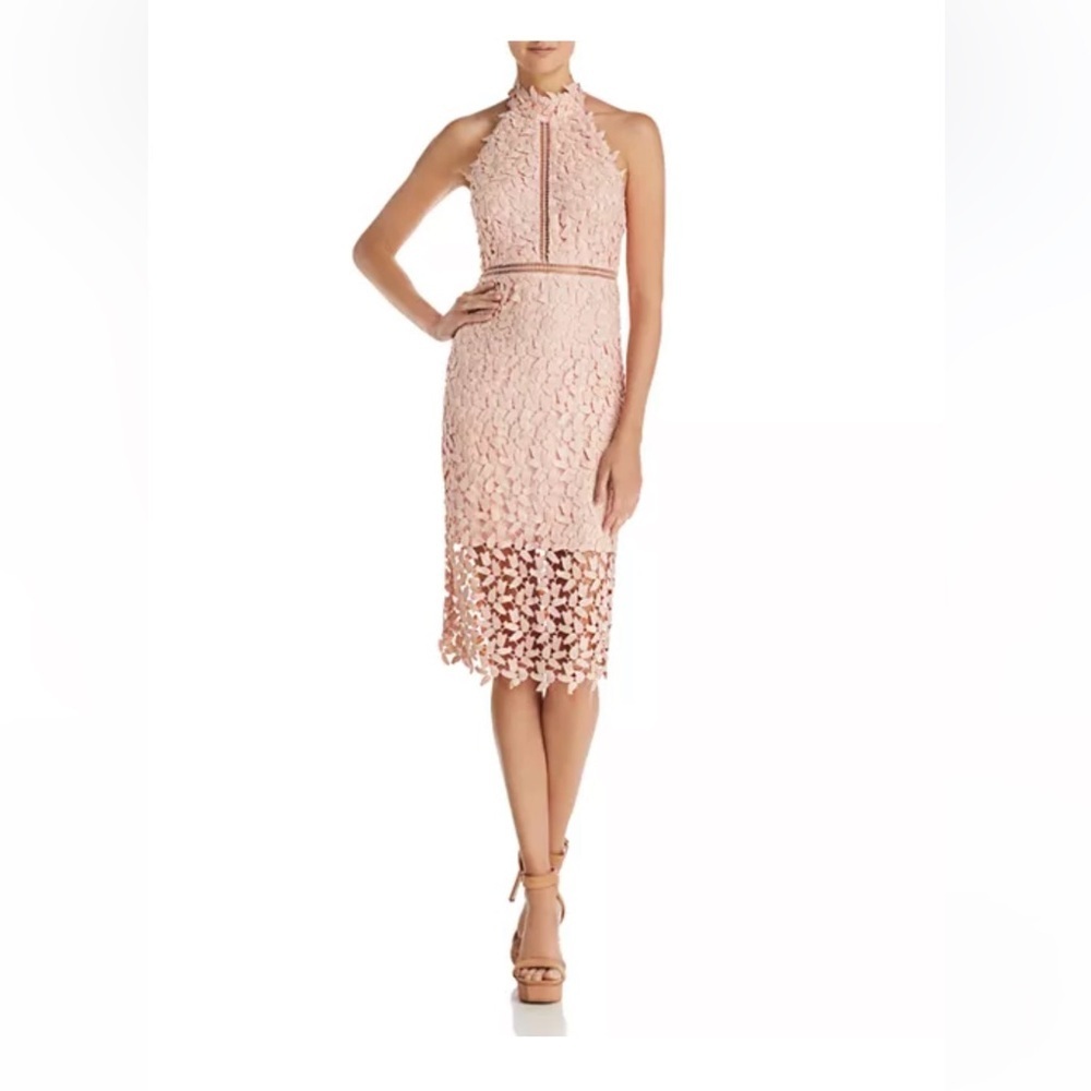 Bardot Rose Pink Halter Bodycon Midi Dress 8M Lace Detail Feminine